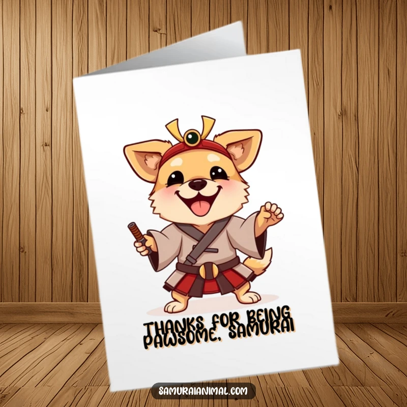 Funny Free Printable Samurai Dog Thank You Card, a happy dog in a samurai tunic strikes a playful pose of gratitude.