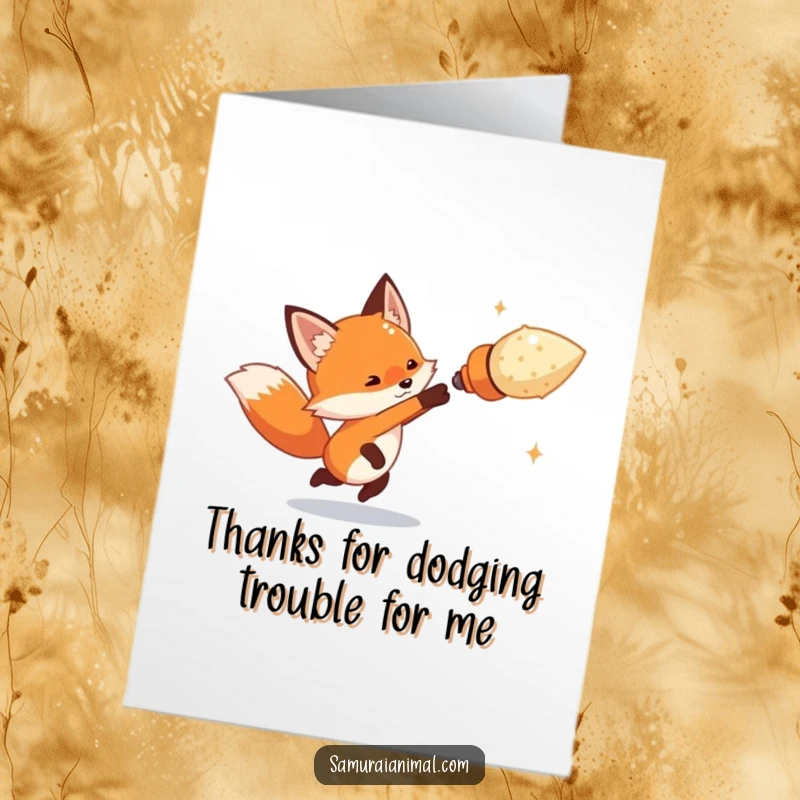 Funny Free Printable Thank You Card: A tiny fox artfully dodges a large imaginary projectile with a quick, agile move.