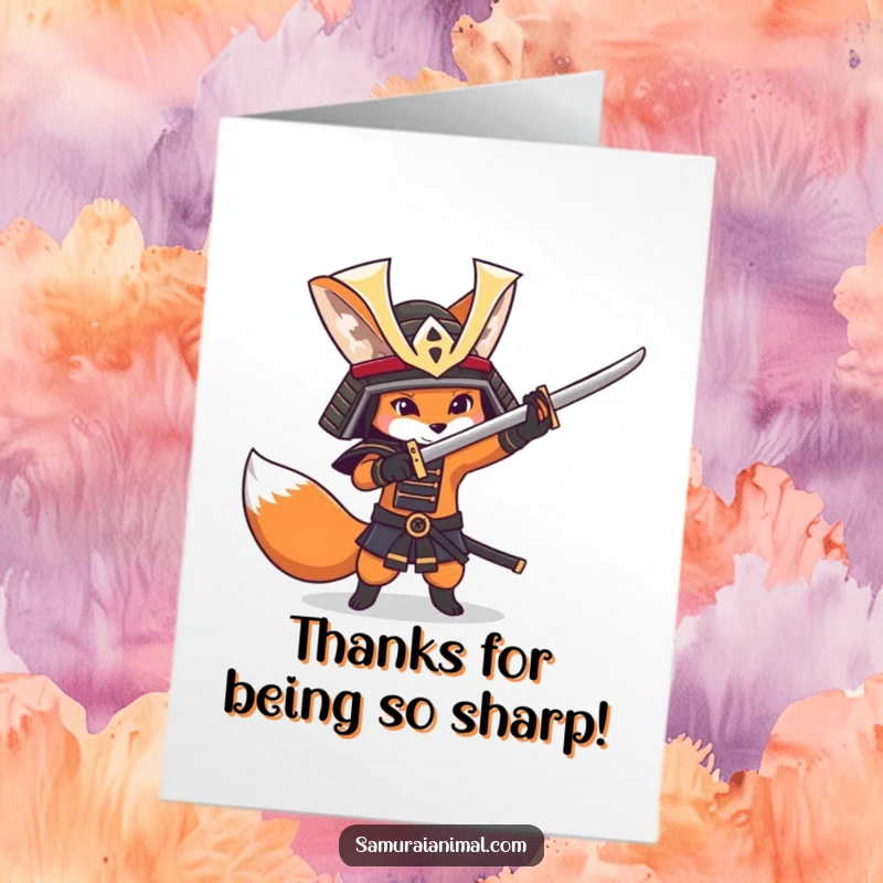 Funny Free Printable Thank You Card: A fox in a samurai helmet playfully practices sword swings, indicating sincere appreciation.