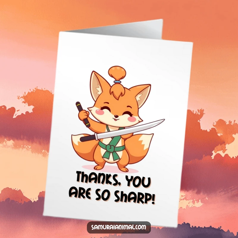 Funny Free Printable Thank You Card: A mischievous fox with a topknot, practicing a swift sword flourish happily, sending thanks.