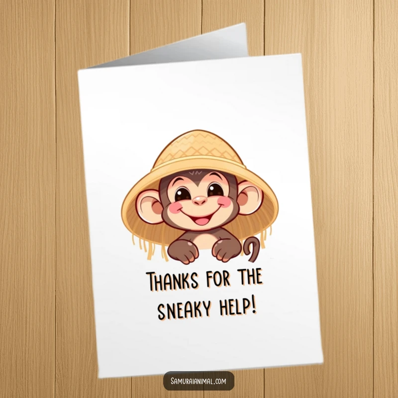 Funny Free Printable Thank You Card: A nimble monkey peeks from behind a straw hat with a wide grin, expressing thanks.