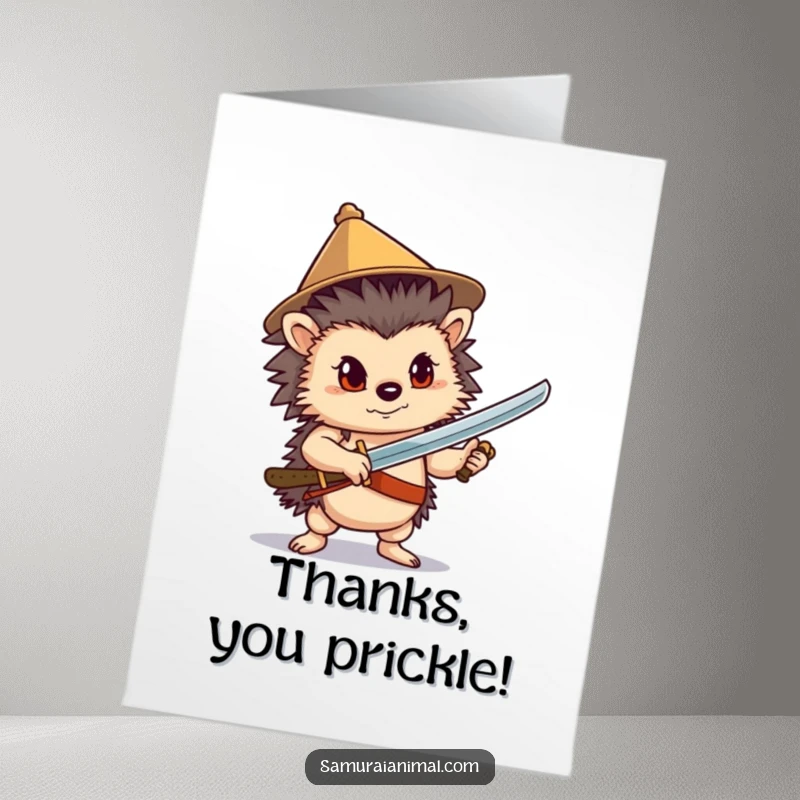 Funny Free Printable Thank You Card: A confident hedgehog in a party hat poses with a sword, elegantly saying thanks.