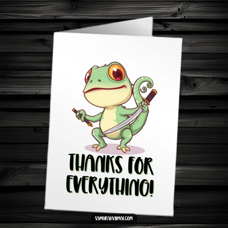 Funny Free Printable Thank You Card: A joyful chameleon with a curled tail playfully swings a small samurai sword, saying thanks.