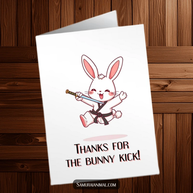 Amusing free printable thank you card with a cheerful bunny mid-karate kick, expressing thanks with energetic style.
