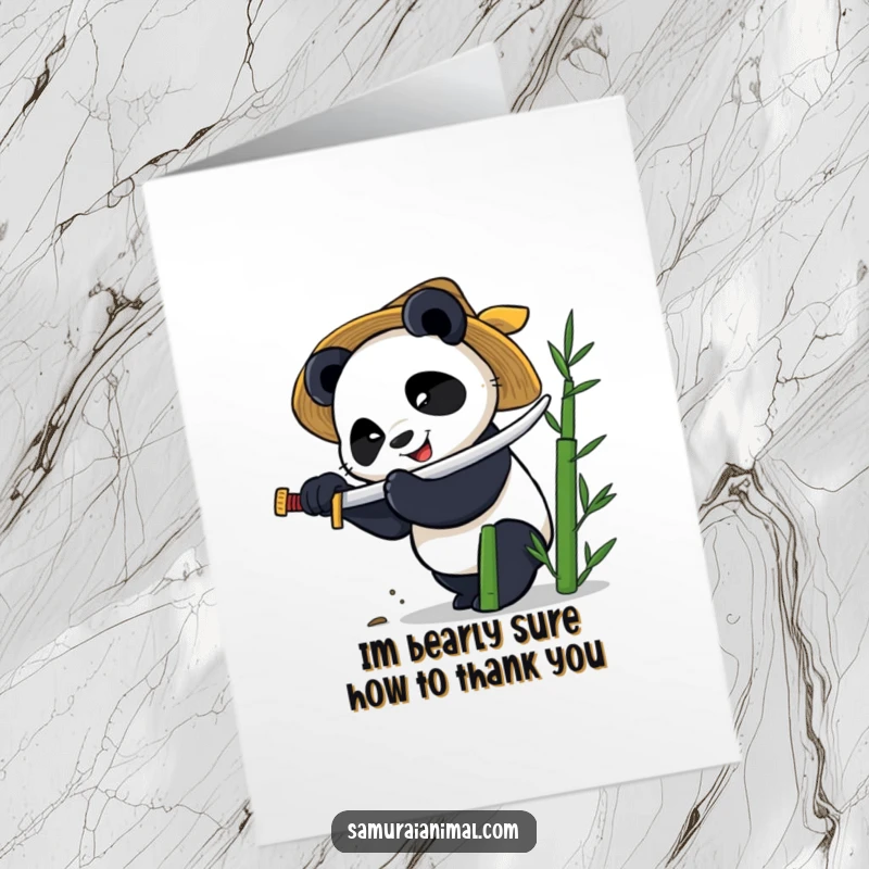 Funny Free Printable Thank You Card: A happy panda in a straw hat expertly chops bamboo with a miniature katana.