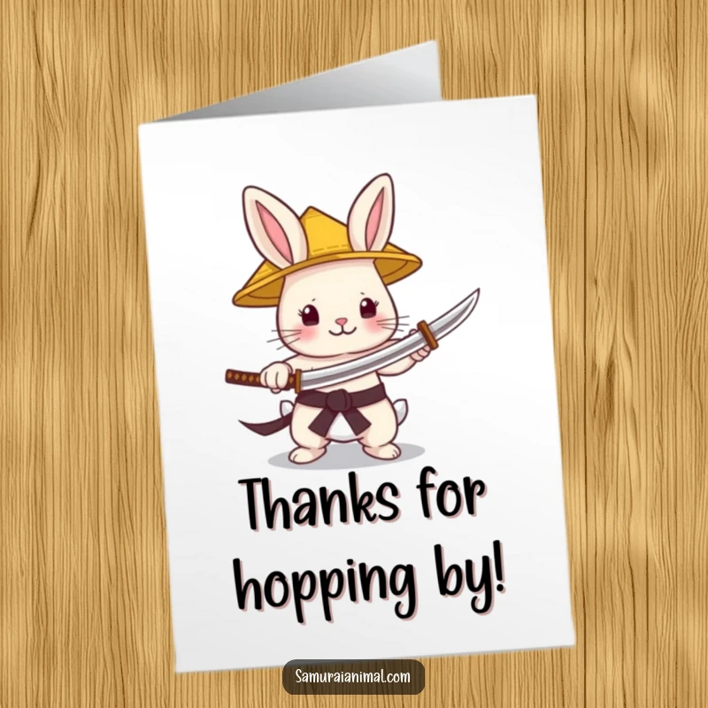 Funny Free Printable Thank You Card: A small bunny warrior in a straw hat holding a tiny katana, offering thanks.