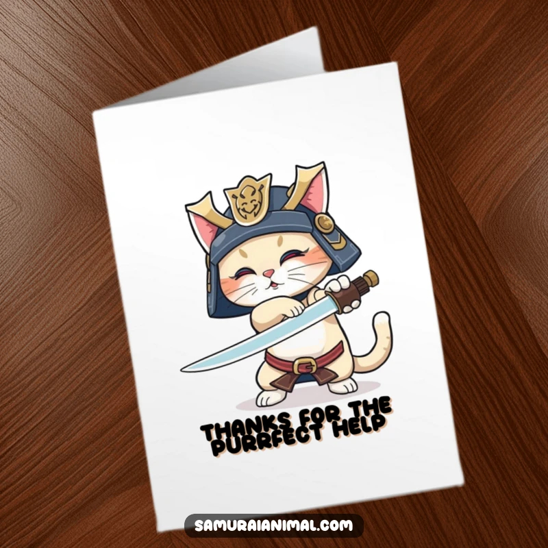 Funny free printable thank you card featuring a samurai cat in helmet, ready to impress with a sword trick, saying thank you.