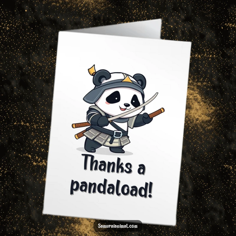 Funny Free Printable Thank You Card: A plump panda in samurai armor playfully spinning a bamboo sword, expressing thanks.