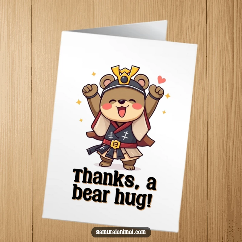 Funny Free Printable Thank You Card: A courageous bear dressed as a samurai cheers joyfully, conveying thanks.