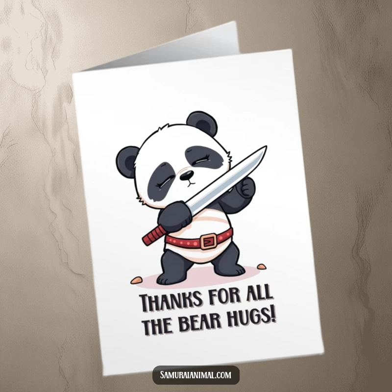 Funny free printable thank you card featuring a sleepy panda awkwardly posing with a sword, showing thanks.