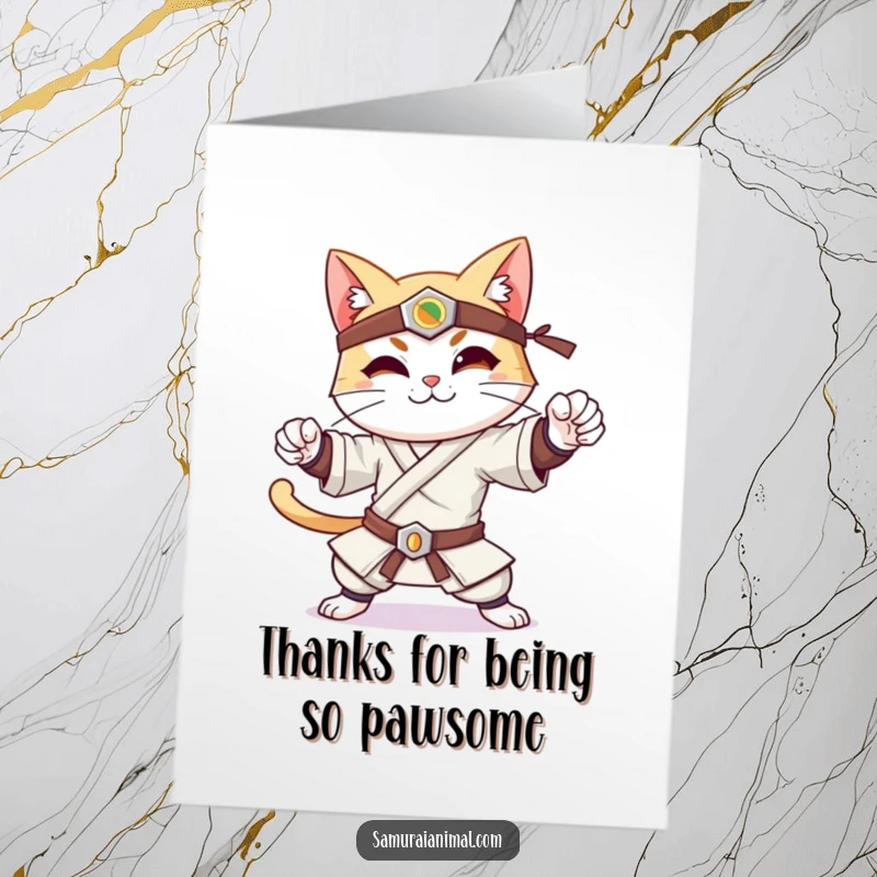 Funny Free Printable Thank You Card: A cheerful cat in a samurai stance offers thanks with a serene, gentle smile.