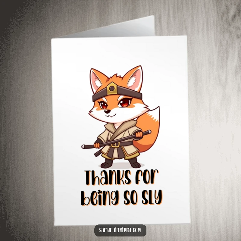 Funny Free Printable Thank You Card: A determined fox in a samurai outfit strikes a polite, thankful pose.