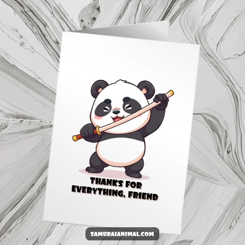 Funny Free Printable Thank You Card: A plump panda with a determined grin comically brandishes a toothpick sword, showing gratitude.