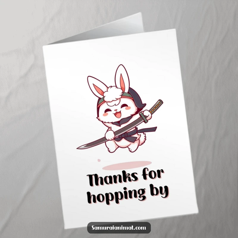 Funny Free Printable Thank You Card: A fluffy bunny in a tiny helmet joyfully swings a cartoon katana mid-leap, expressing thanks.