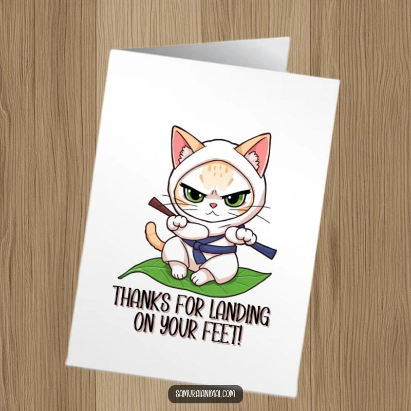 Funny Free Printable Thank You Card: A determined cat practices ninja rolls on a leaf, conveying silent, skillful thanks.