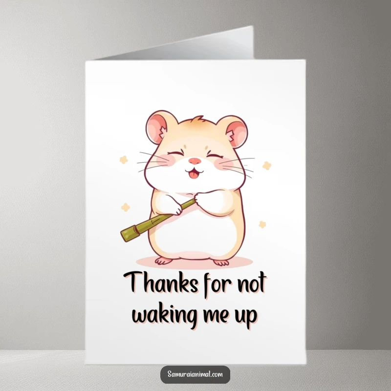 Funny Free Printable Thank You Card: Sleepy hamster bows deeply, holding a miniature bamboo staff in gratitude.