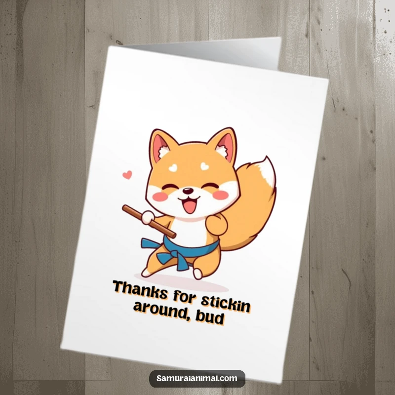 Funny Free Printable Thank You Card: Playful Shiba Inu executes a low sweep with a stick, conveying thanks with style.
