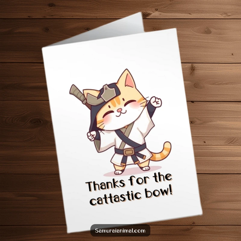 Funny free printable thank you card of a very happy cat samurai performing an exaggerated bow to express thanks.