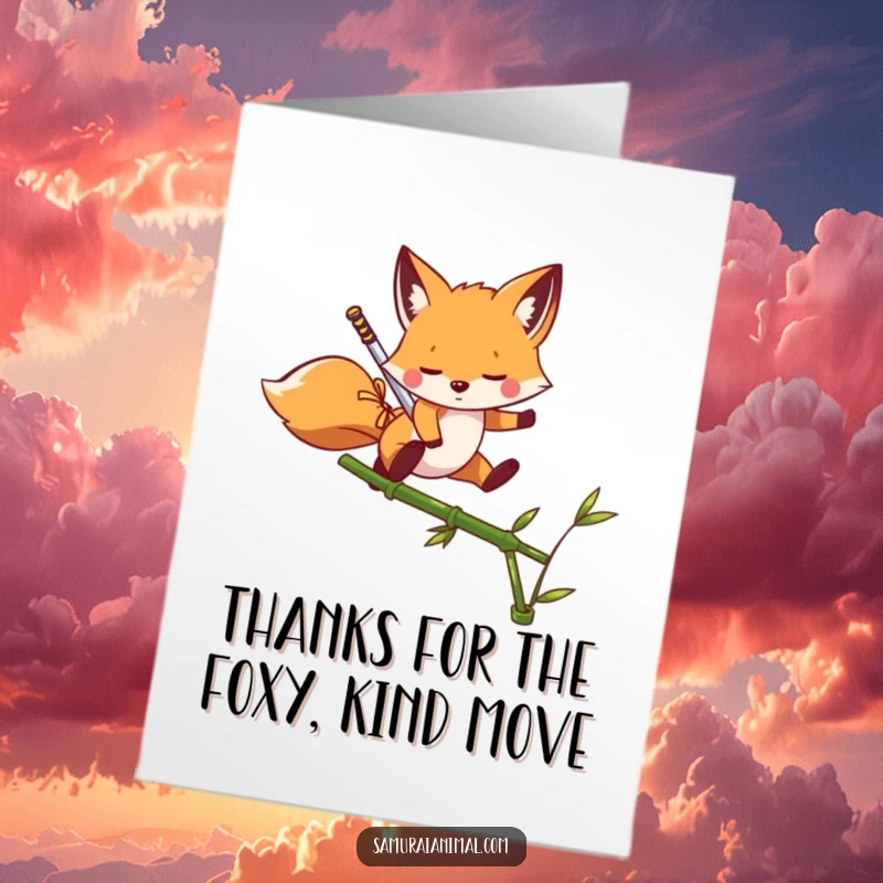 Funny Free Printable Fox Hero Thank You Card, a nimble fox with a small sword jumps over a bamboo stalk.