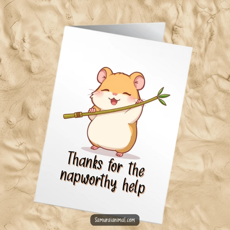 Funny Free Printable Thank You Card: Sleepy hamster playfully wielding a tiny bamboo staff, expressing gratitude with a smile.