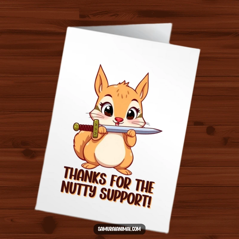 Funny Free Printable Thank You Card: A wide-eyed squirrel attempts to balance a sword on its nose, a funny way to say thanks.