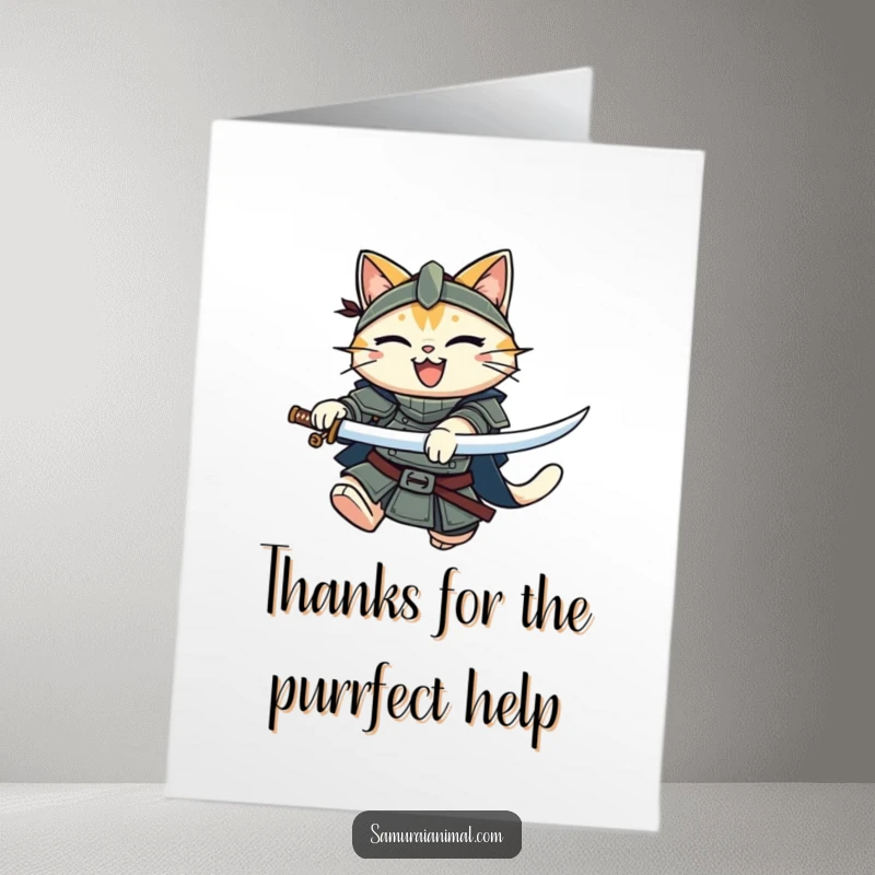 Funny Free Printable Thank You Card: A smiling armored cat warrior sheathes a katana, offering a grateful nod.