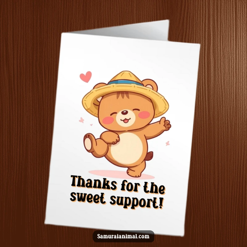 Funny Free Printable Thank You Card: A sleepy bear cub in a straw hat, attempting a high kick with a smile, sending thanks.
