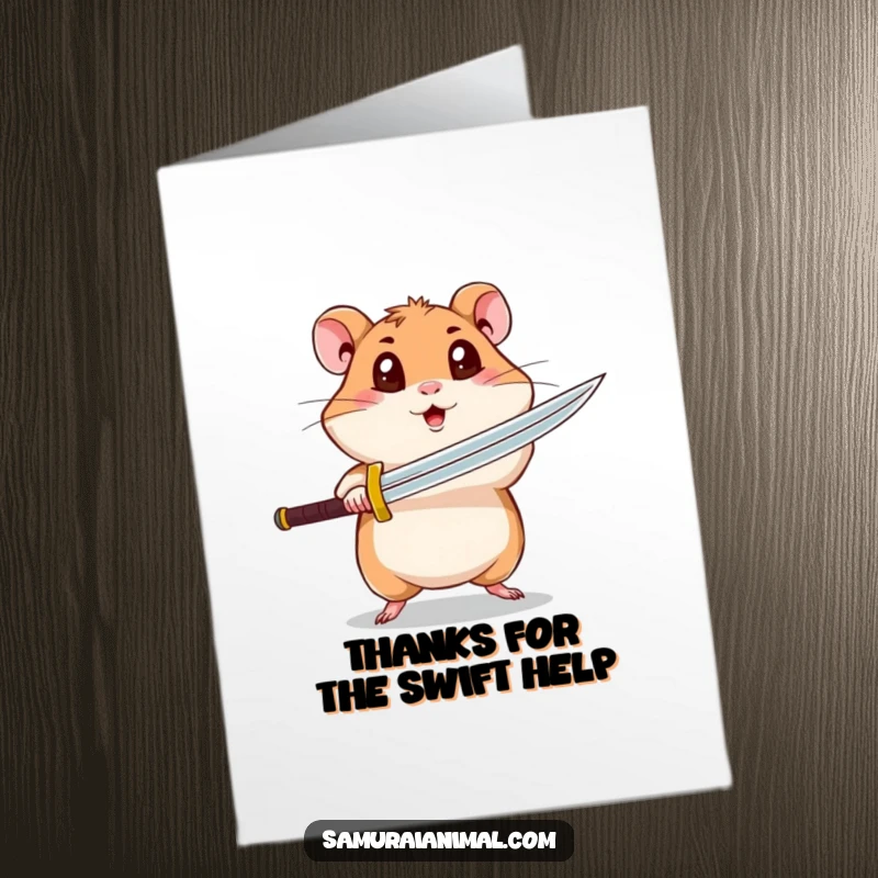 Funny Free Printable Hamster Thank You Card: Curious hamster attempting a spinning sword attack, a downloadable thank you.