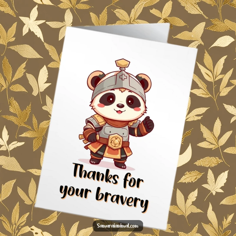 Funny Free Printable Panda Thank You Card: Tiny panda in armor strikes a playful, wobbly pose, thanking.
