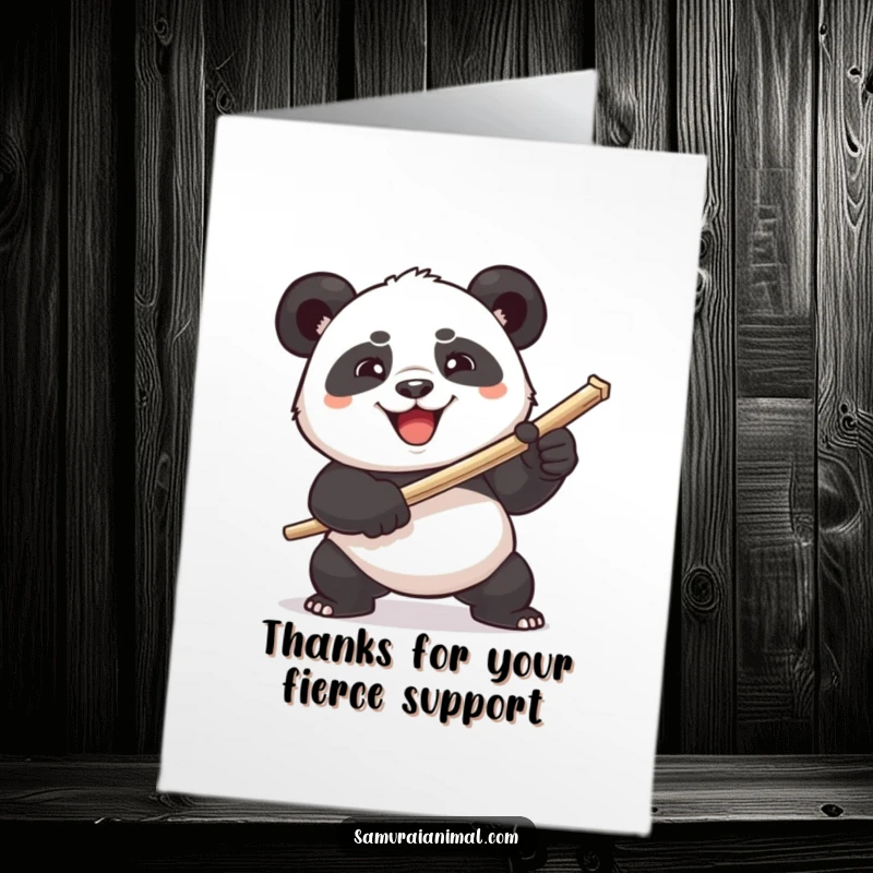 Funny Free Printable Thank You Card: A plump panda poses comically with a toothpick sword, determined and grinning.