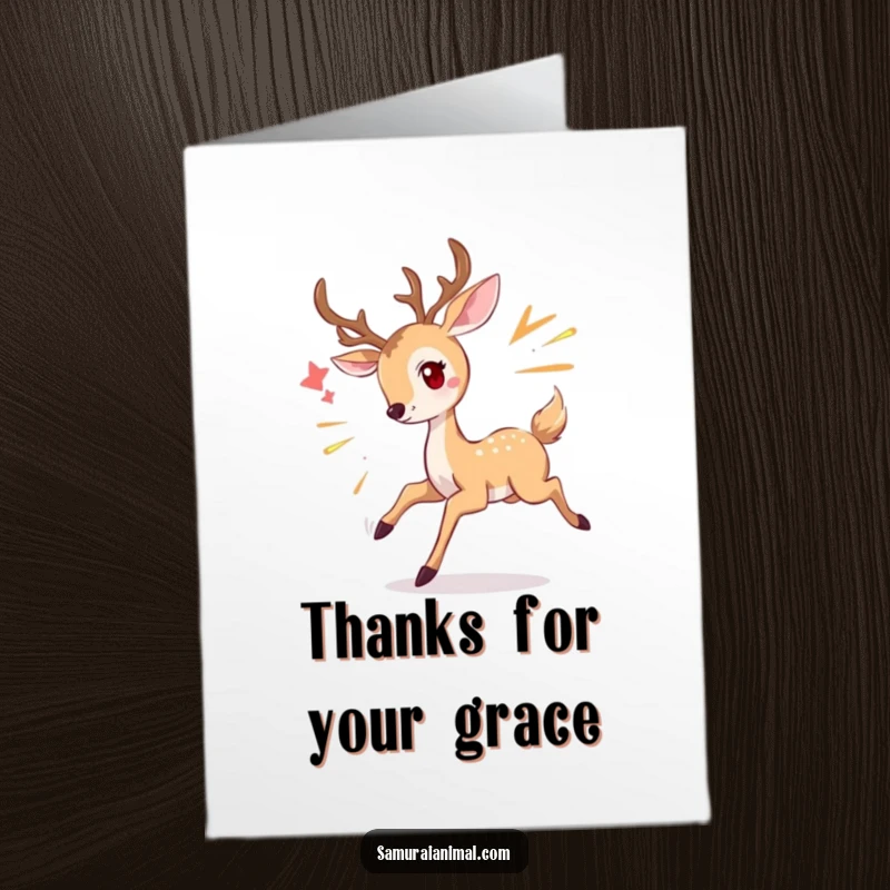 Funny Free Printable Deer Thank You Card: Smiling deer gracefully dodging an imaginary attack, a downloadable thank you.