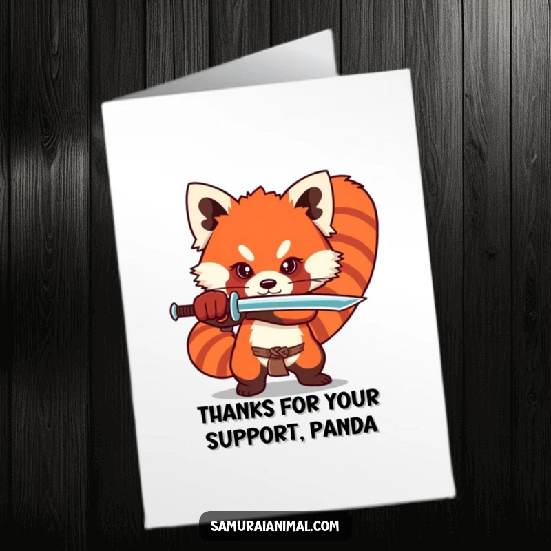 Funny Free Printable Thank You Card: Stylized red panda strikes an adorable sword stance, conveying thanks with charm.