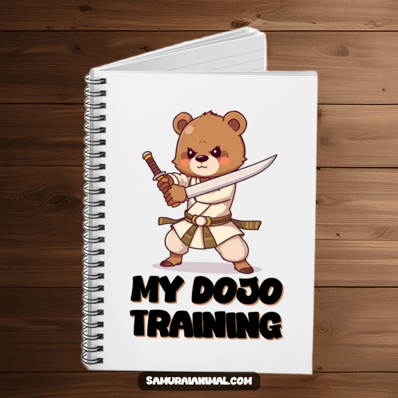 Funny notebook featuring a strong bear cub practicing sword forms with great enthusiasm, perfect for jotting down epic ideas.