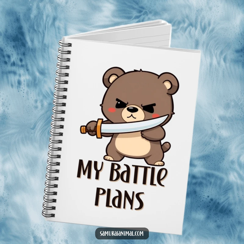 Funny bear sword notebook with a determined bear character wielding a tiny wooden sword, ready for any challenge and journaling.