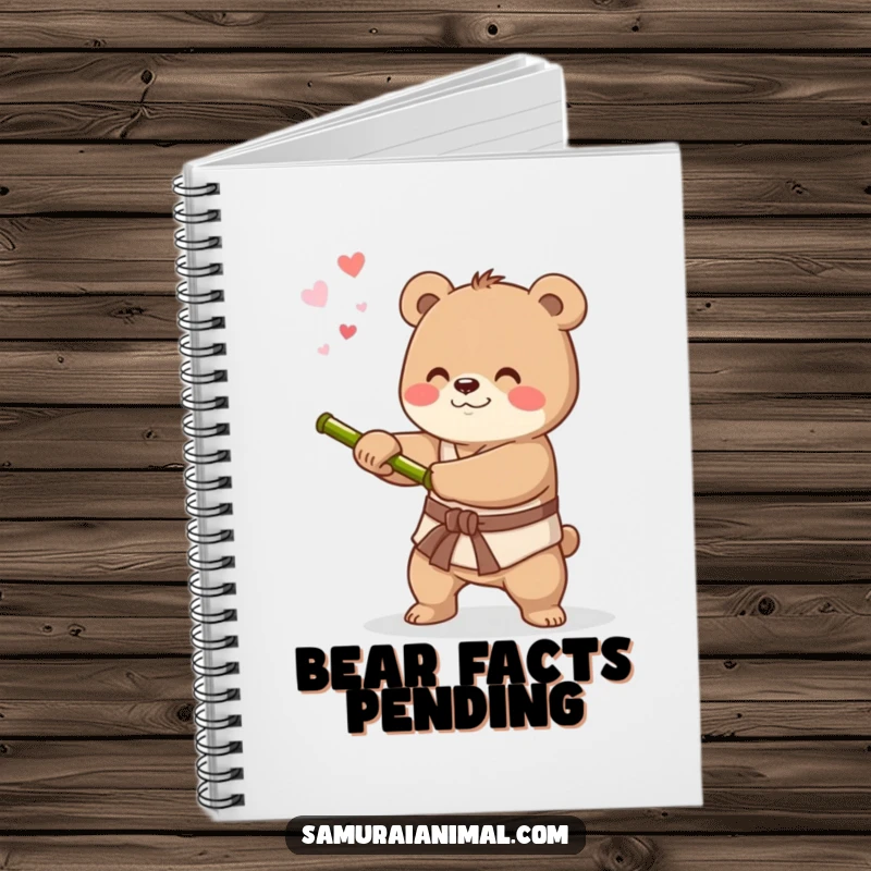 Funny notebook with a happy bear practicing sword swings, perfect for planning and note-taking with a martial arts theme.