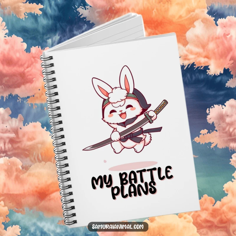 Funny fluffy bunny in a tiny helmet, cartoon katana mid-leap, joyful warrior, anime notebook, journal for heroes.