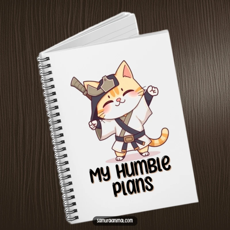 Funny Cat Samurai Notebook with a happy cat warrior performing an exaggerated bow, ideal for jotting funny thoughts.