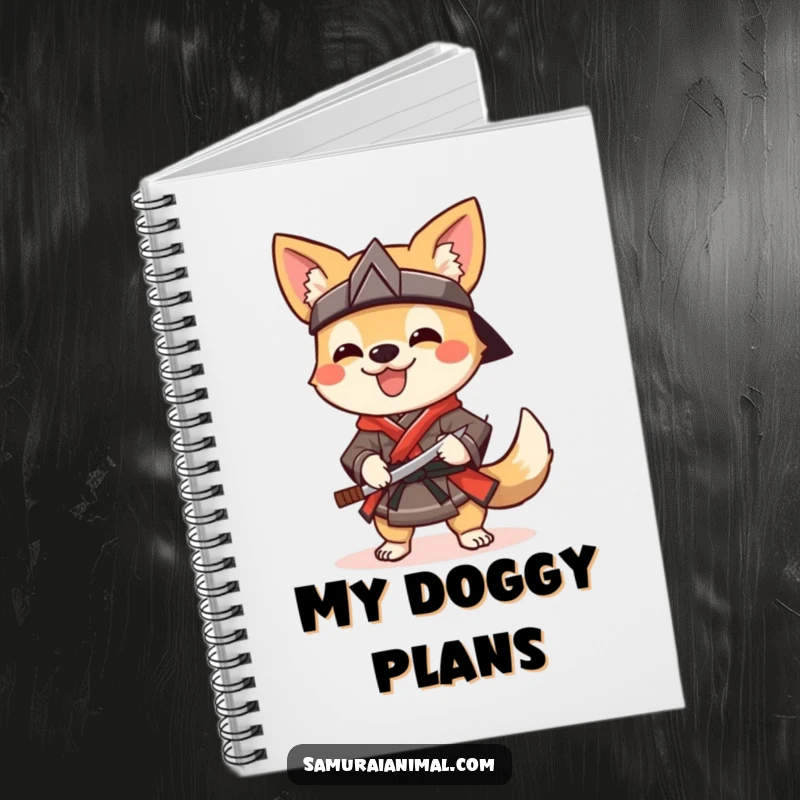 Funny Notebook featuring a cheerful dog dressed as a samurai, wagging its tail and holding a sai, perfect for notes.