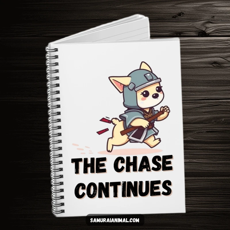 Funny Dog Samurai Notebook with a tiny dog warrior playfully chasing its tail, ideal for jotting funny thoughts.