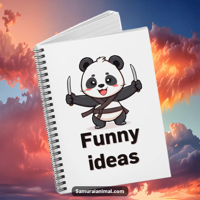 Funny Notebook with a cheerful panda and a wide grin, juggling three tiny katanas, ideal for writing.