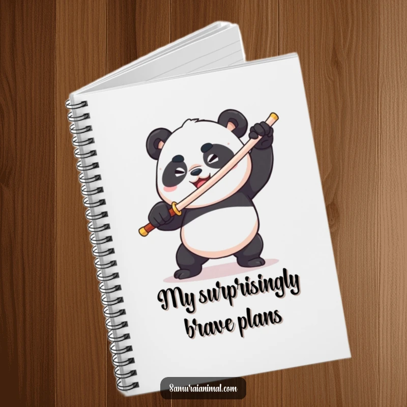 Funny plump panda wielding a toothpick sword, fierce & comical, determined grin, warrior notebook, journal for planners.