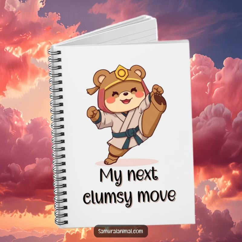 Funny notebook cover with a smiling bear dressed as a samurai, awkwardly attempting a martial arts high kick for humorous note-taking.