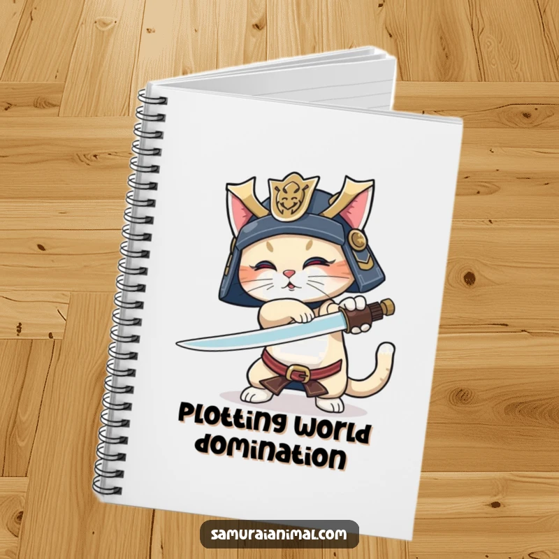 Funny Samurai Cat Notebook: Cover art of a determined cat samurai in helmet, practicing a sword trick with a cheerful, wagging tail.
