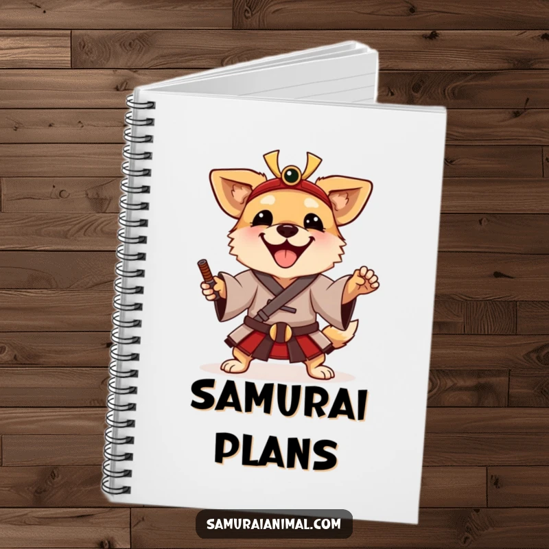 Funny Notebook with a happy dog in a traditional samurai tunic, striking a playful warrior pose, ideal for writing.
