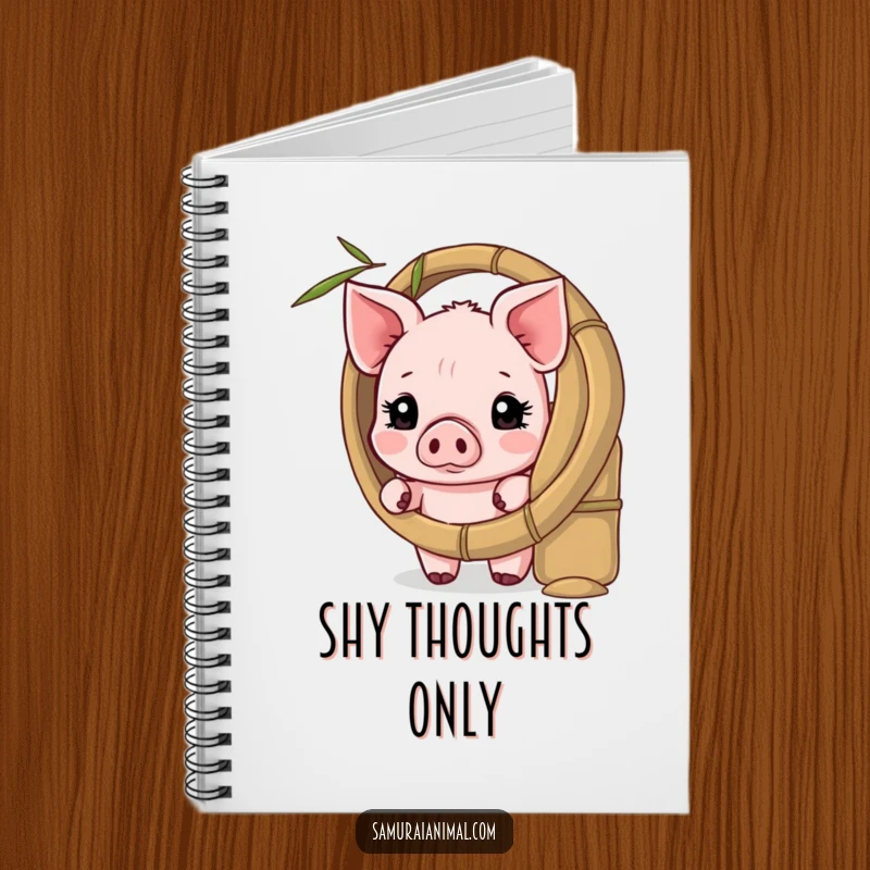 Funny notebook with a shy piglet peeking from behind a bamboo shield, perfect for journaling and capturing sweet ideas.