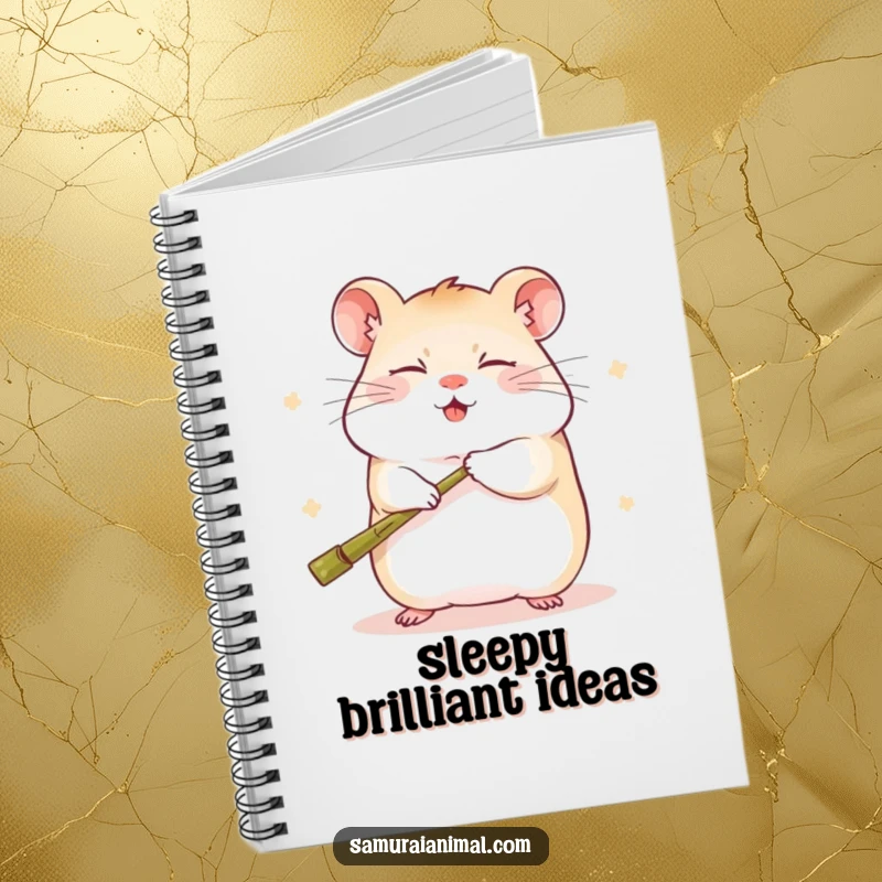 Funny notebook cover shows a sleepy hamster in a cute kung fu stance, playfully wielding a miniature bamboo staff with joy.