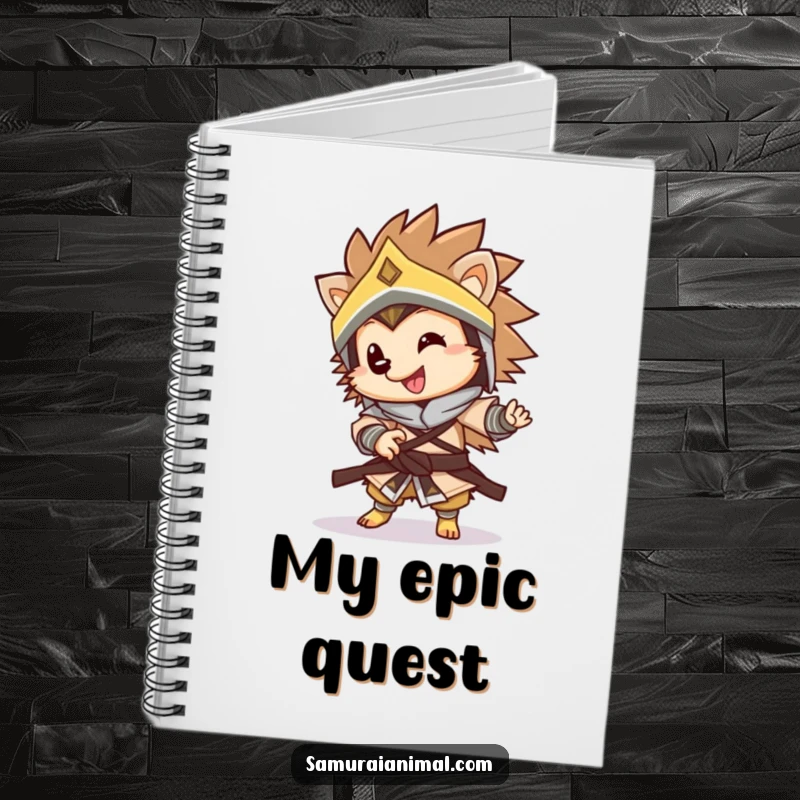 Funny warrior hedgehog notebook with a happy, armored hedgehog doing a playful spin, ideal for capturing thoughts with warrior spirit.