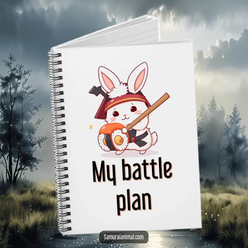 Funny notebook cover with a fluffy white rabbit in a samurai helmet humorously parrying a sushi roll with its miniature sword.