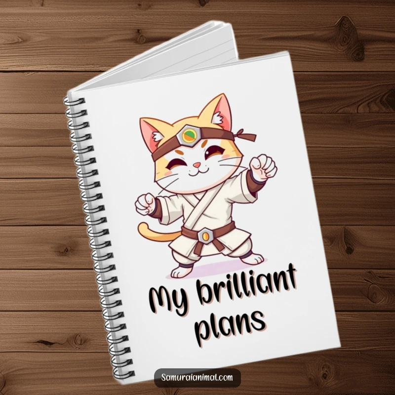 Funny notebook cover displays a cheerful cat in a dynamic samurai stance, exuding confidence and a gentle smile.