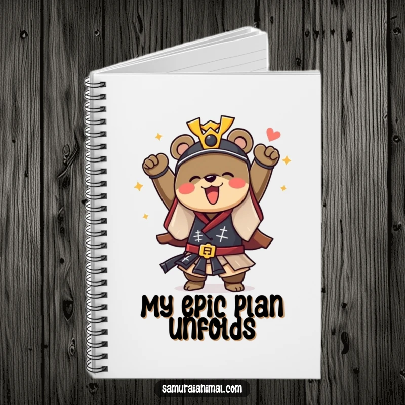 Funny notebook with a courageous bear dressed as a samurai, cheering with joy, perfect for notes and battle plans.